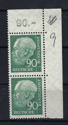 Bund 1954, Mi 265w ** senk. Paar Eckrand OR, ungefaltet