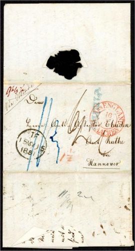 P) AD Vorphilatelie 1851 Überseebrief aus Uruguay via Ostende n. Ruthe