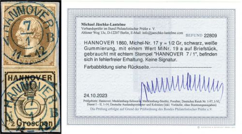 P) Hannover Mi 17y + 19a auf Luxus Briefstück, mit Befund Jäschke-L. BPP