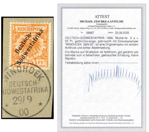 P) DSWA Mi 9 a Luxus Briefstück, FA Jäschke-L. BPP