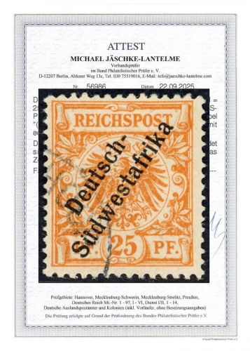 P) DSWA Mi 9 a PF II ° einwandfrei, mit FA Jäschke-L. BPP, ME 900€