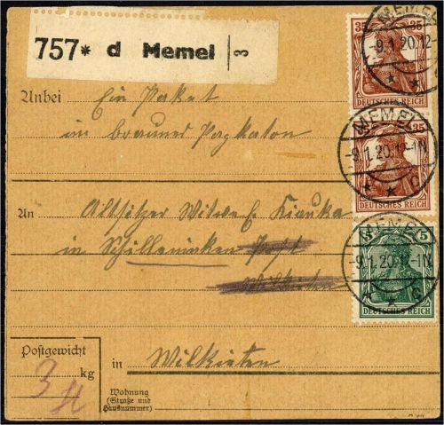 P) Memel Vorläufer, Ersttag Vorläuferperiode, Paketkarte