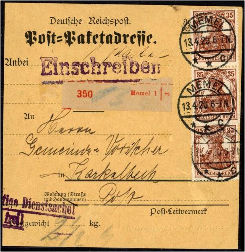 P) Memel Vorläufer Mi V 103 (3) MeF Paketkarte n. Karkelbeck (Karklė)