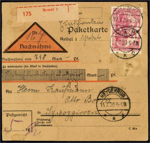 P) Memel Vorläufer Mi V 115 EF Paketkarte n. Szieszgirren