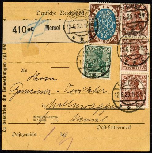P) Memel Vorläufer V 85II, V 103 (3), V 108, paketkarte n. Mellneraggen