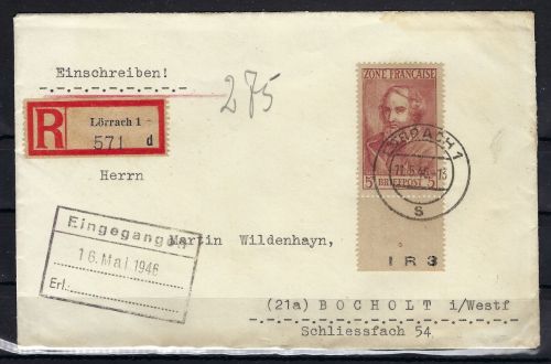 Fr. Zone / Allgemeine Ausgaben, Mi 13, R-Brief Lörrach n. Bocholt
