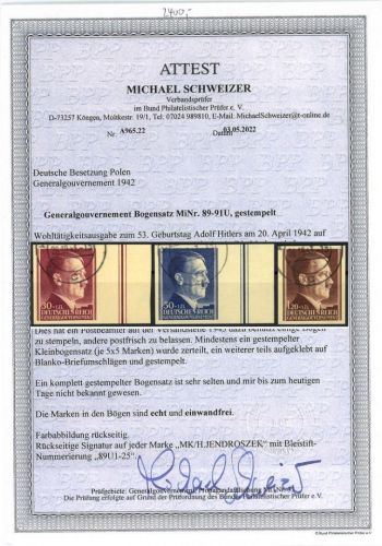 C) Generalgouvernement, Mi 89-91U ° einwandfrei, Schweizer BPP, ME 6000€
