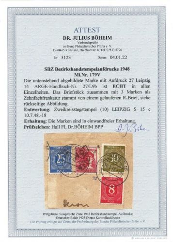 C) SBZ Bezirkshandstempel Mi 179 V Bezik 27 Leipzig, Briefstück, FA BPP