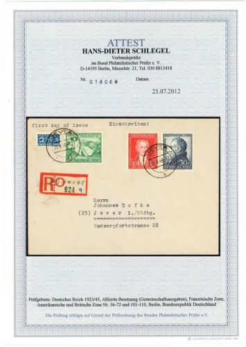 C) Bizone Mi 108-110 FDC, Einschreibebrief, FA Schlegel BPP, ME 1000€