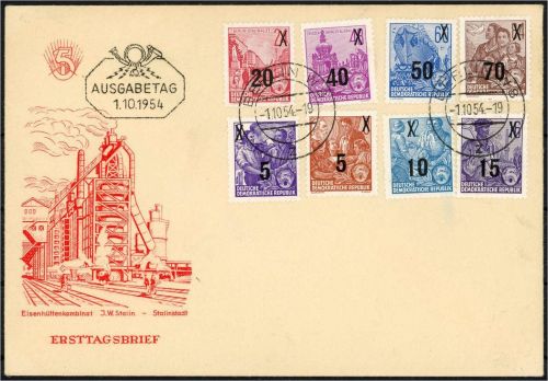 C) DDR Mi 435-442 FDC mit ESt BERLIN 1.10.54, ME 800€