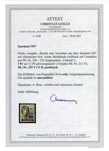 C) Saarland Mi 229 YI FII ** einwandfrei, FA Geigle BPP (2025), ME 6000€