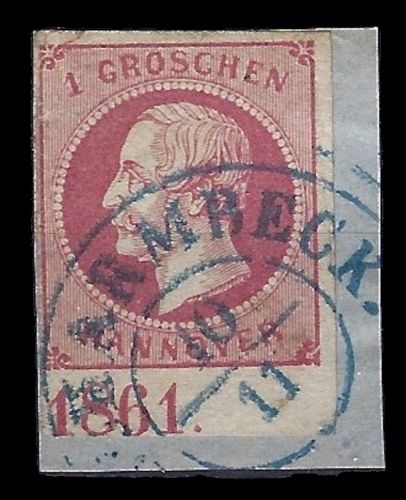 P) Hannover Mi 14 ° mit UR im Jahreszahl 1861, Briefstück, einwandfrei
