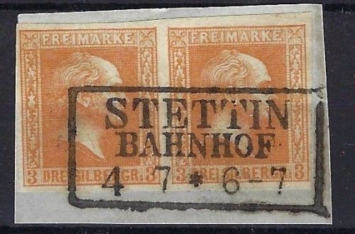 P) Preußen Mi 8a° Paar vollrandig, Briefstück mit Ra3 Stettin Bahnhof