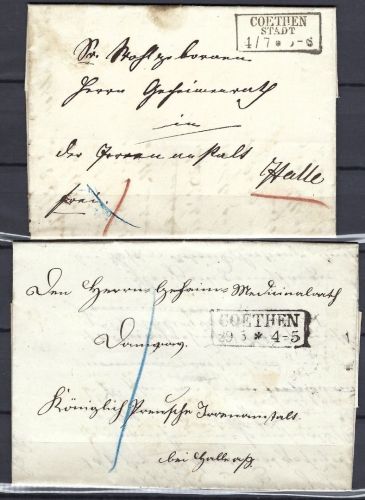 P) Preußen 2 Vorphilabriefe mit Ra2 Coethen und Ra3 Coethen Stadt