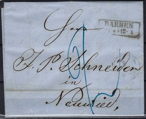P) Preußen 1858 Vorphilabrief mit Ra2 Barmen n. Neuwied, Taxe Vermerk