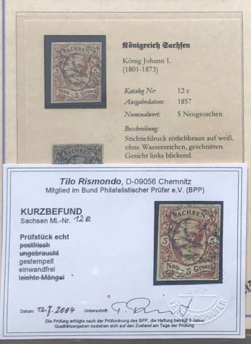 P) Sachsen Mi 12e° einwandfrei, KB Rismondo BPP+DPS Karte, ME 220€