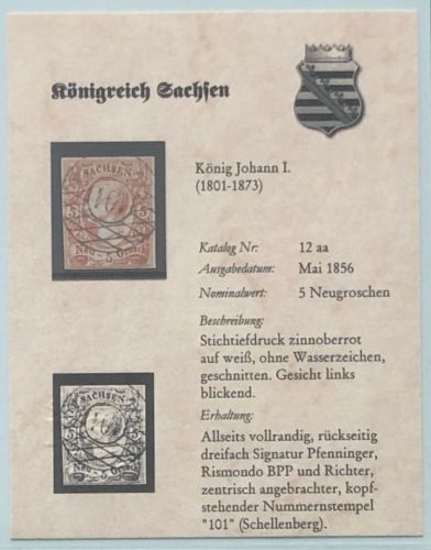 P) Sachsen Mi 12aa° vollrandig ideal gest., auf DPS Sammelkarte