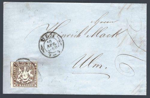 P) Württemberg Mi 11 (ohne Seidenfaden) EF Ortsbrief Ulm
