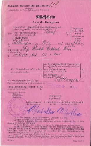 P) Württemberg 1901 Rückschein für eine Sendung nach Detroit (USA)