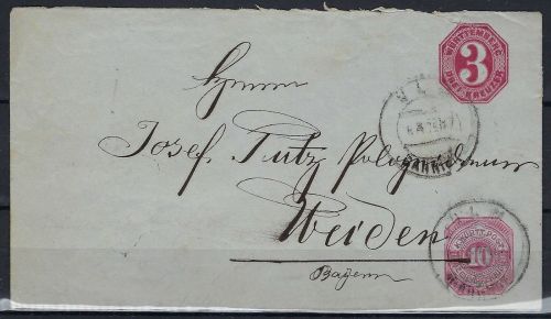 P) Württemberg Ganzsache U 28, befördert von Ulm n. Weiden