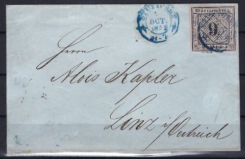 P) Württemberg Mi 4 breitrandig, EF Auslandsbrief n. Link (AT)
