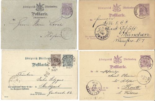 P) Württemberg 1878-1901, 4 Frage/Antwortkarten, versch. Destinationen