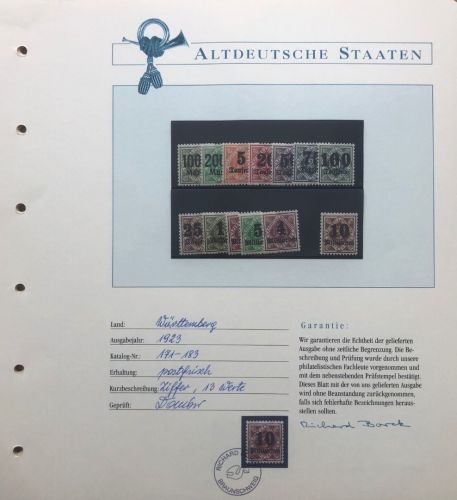 P) Württemberg Dienst, Mi 171-183 ** auf Borek Garantieblatt