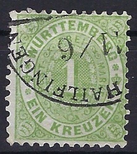 P) Württemberg Mi 43 ° mit Bahnpost-Kreissegmentstempel Hailfingen