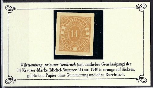 P) Württemberg Mi 41 Privater ND "amtlich genehmigt", ohne Gummi