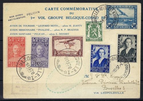 P) Gedenkkarte 1. Flug Belgisch Kongo n. Brüssel via Leopoldsville