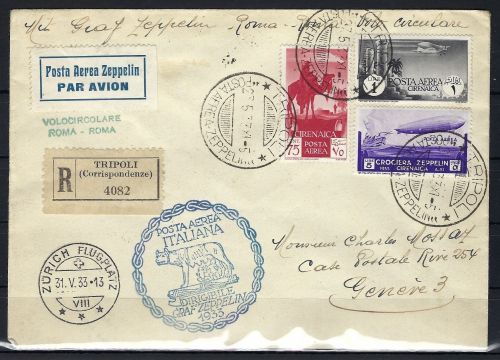 P) Italienisch-Cyrenaica, Zeppelinkarte Tripoli ü. Rom, Zürich n. Genf