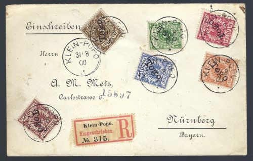 P) Togo 1900, Mi 1-6 Einschreibe-Brief von Klein Popo nach Nürnberg