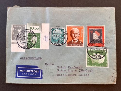 P) Bund Mi 303 Ecke OR, Auslandsbrief LuPo Hannover n. Rhodos