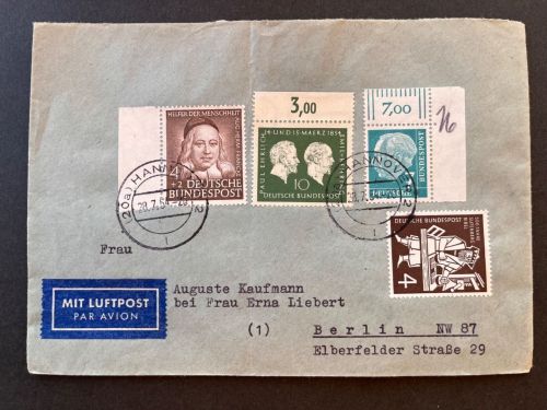 P) Bund Mi 181 Ecke OR, 173 SR, 197 OR, MiF LuPo Hannover n. Berlin
