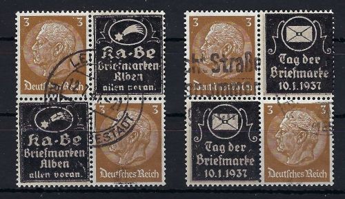 DR 2 Zusammendrucke Hindenburg KABE/Tag der Briefmarke, im Viererblock
