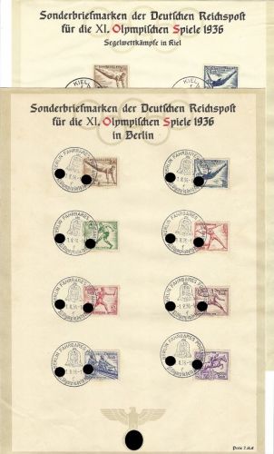 DR 2 Sonderblätter mit 2 versch. SoSt, Olympiade 1936 mit Mi 609-616