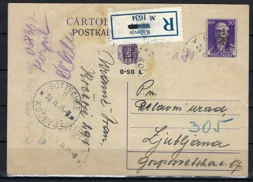 D. Besetz Laibach, Postkarte/GA P4, Einschreiben Kočevje n. Ljubljana