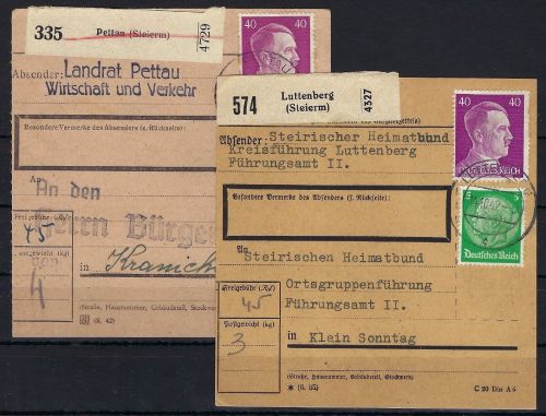 DR 2 Paketkarte Südsteiermark , Pettau / Luttenberg (Steierm) 1942