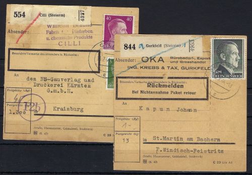 DR 2 Paketkarte Südsteiermark , Cilli / Gurkfeld (Steierm) 1944