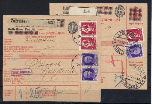 Ital. Verwalt. Slowenien, 2 Paketkarten ab Ljubljana / Žužemberk 1941