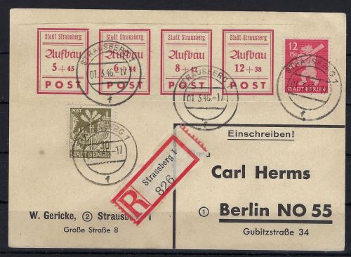 Lokalausgaben 1945-50 Großräschen, Mi 34-37B 4er.-St. Einschreibekarte