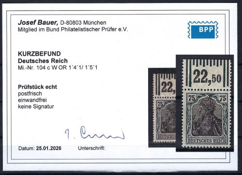 P) DR Mi 104 c W OR 1´4´1 / 1´5´1 ** einwandfrei, KB Bauer BPP, ME 250€