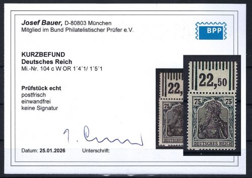 P) DR Mi 104 c W OR 1´4´1 / 1´5´1 ** einwandfrei, KB Bauer BPP, ME 250€