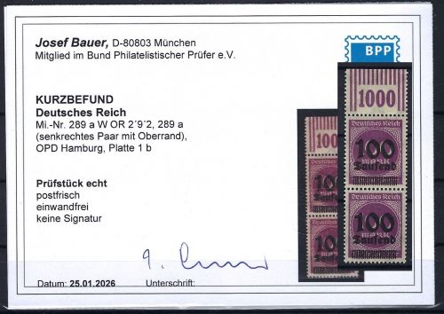 P) DR Mi 289 W OR 2´9´2 OPD HH Platte 1, KB Bauer BPP