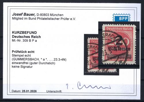 P) DR Mi 309 B P a ° einwandfrei, KB Bauer BPP, ME 200€