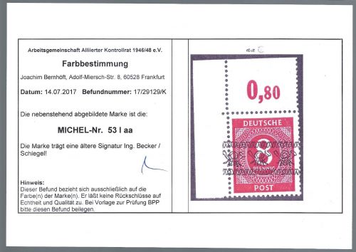 P) Bizone Mi 53Iaa P OR** Ecke OL Farbbestimmung Arge + Schlegel BPP