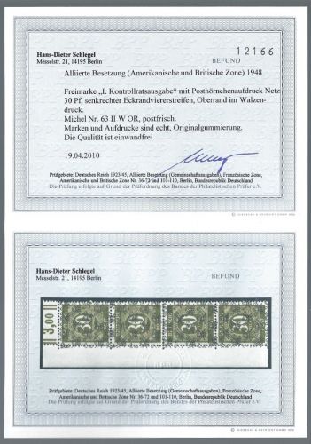 P) Bizone Mi 63 II b W OR ** Ecke OL, Befund Schlegel BPP, ME 250€
