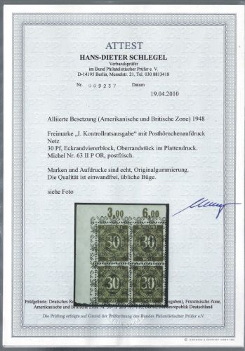 P) Bizone Mi 63 II b P OR ** VB Ecke OL, FA Schlegel BPP, ME 500€ +