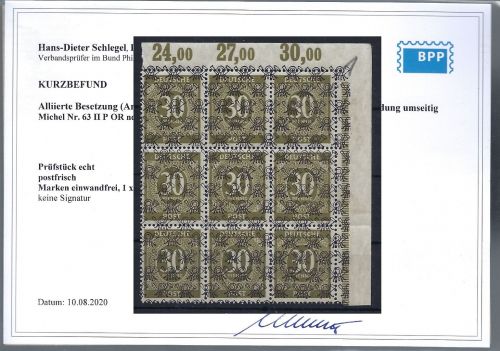 P) Bizone Mi 63 II b P OR ** (9) Ecke OR, KB Schlegel BPP, ME 750€ +