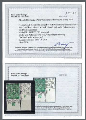 P) Bizone Mi 68 II DS mit DZ F **, Befund Schlegel BPP, ME _._